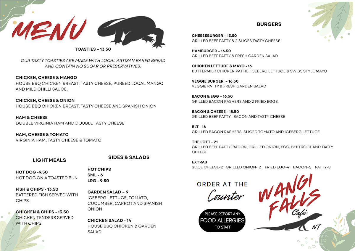 Menu, Wangi Falls Cafe