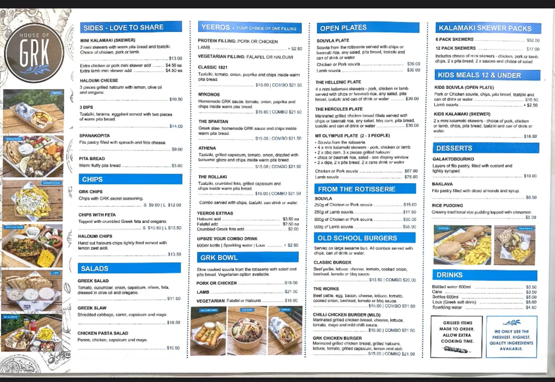 Menu, HOUSE OF GRK - Henry St Penrith