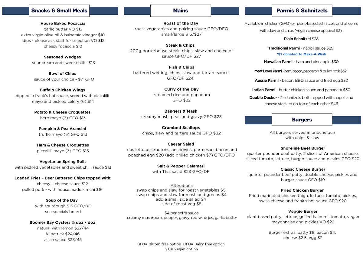 Menu, Shoreline Hotel Cafe Bar & Dining