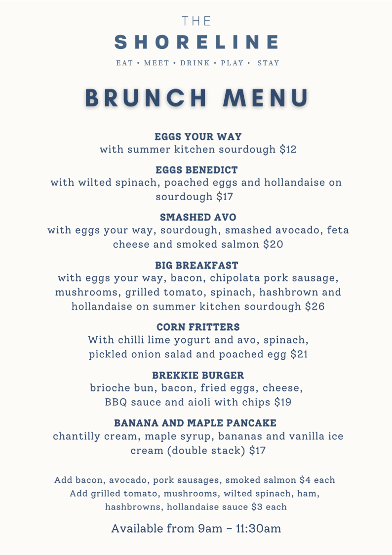 Menu, Shoreline Hotel Cafe Bar & Dining