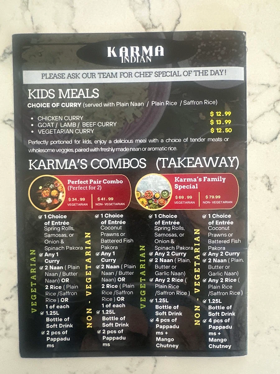Menu, Karma Indian