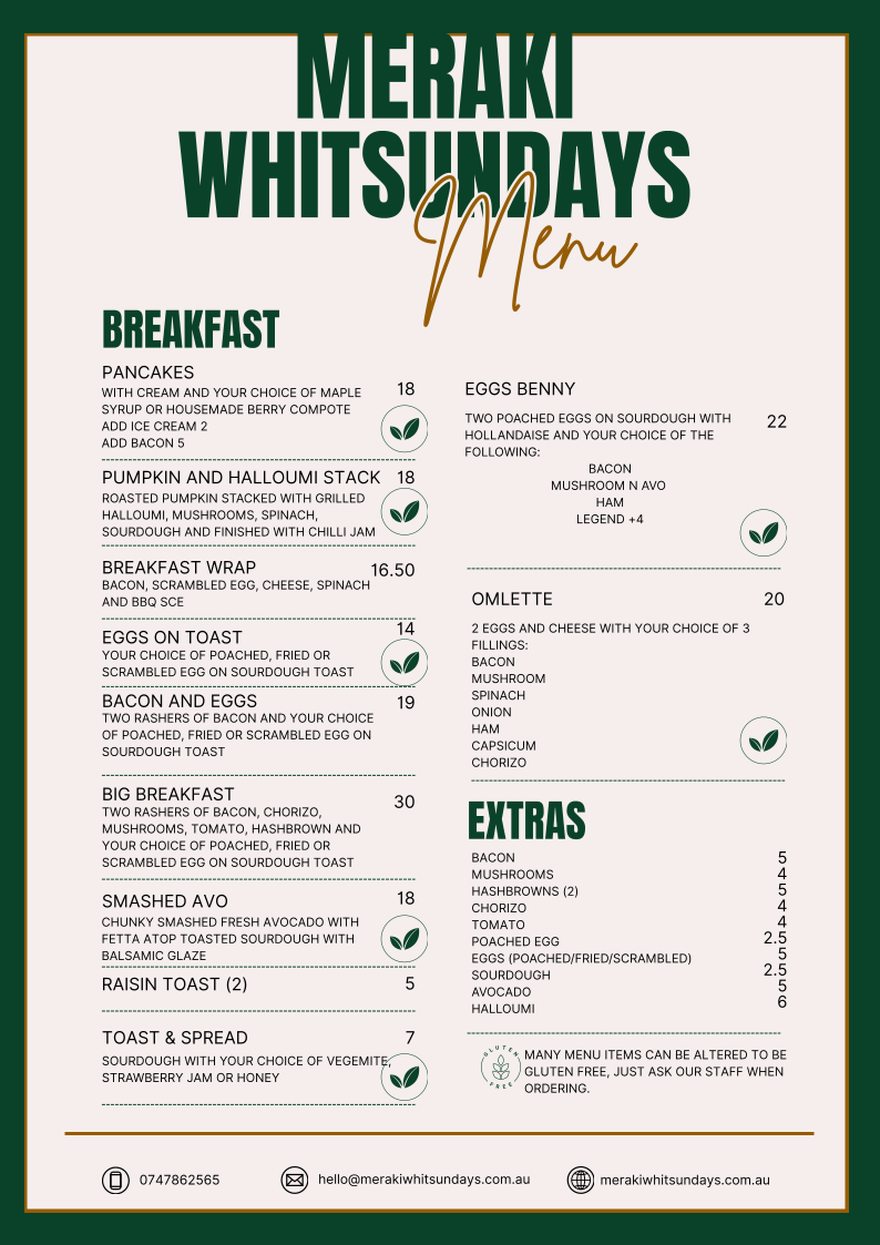 Menu, Meraki Whitsundays