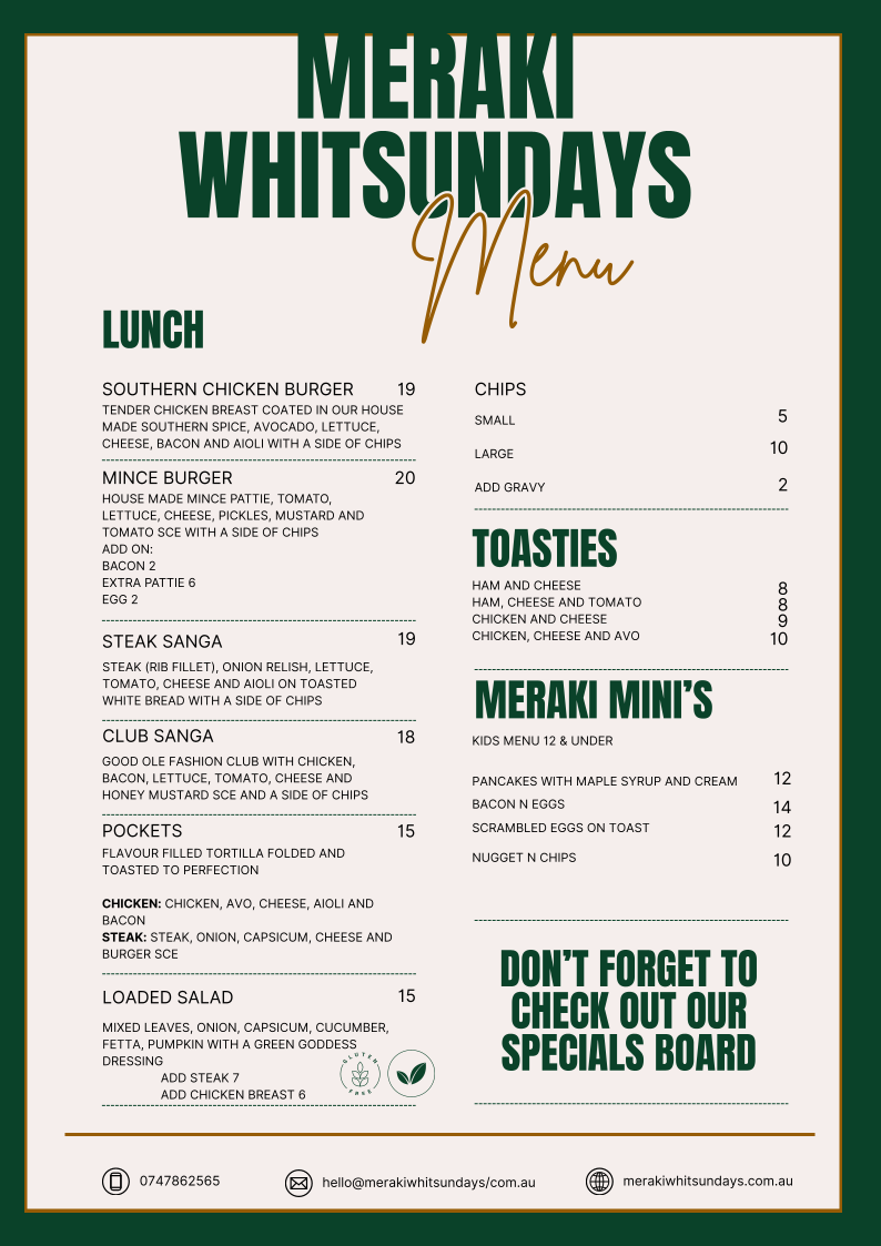 Menu, Meraki Whitsundays