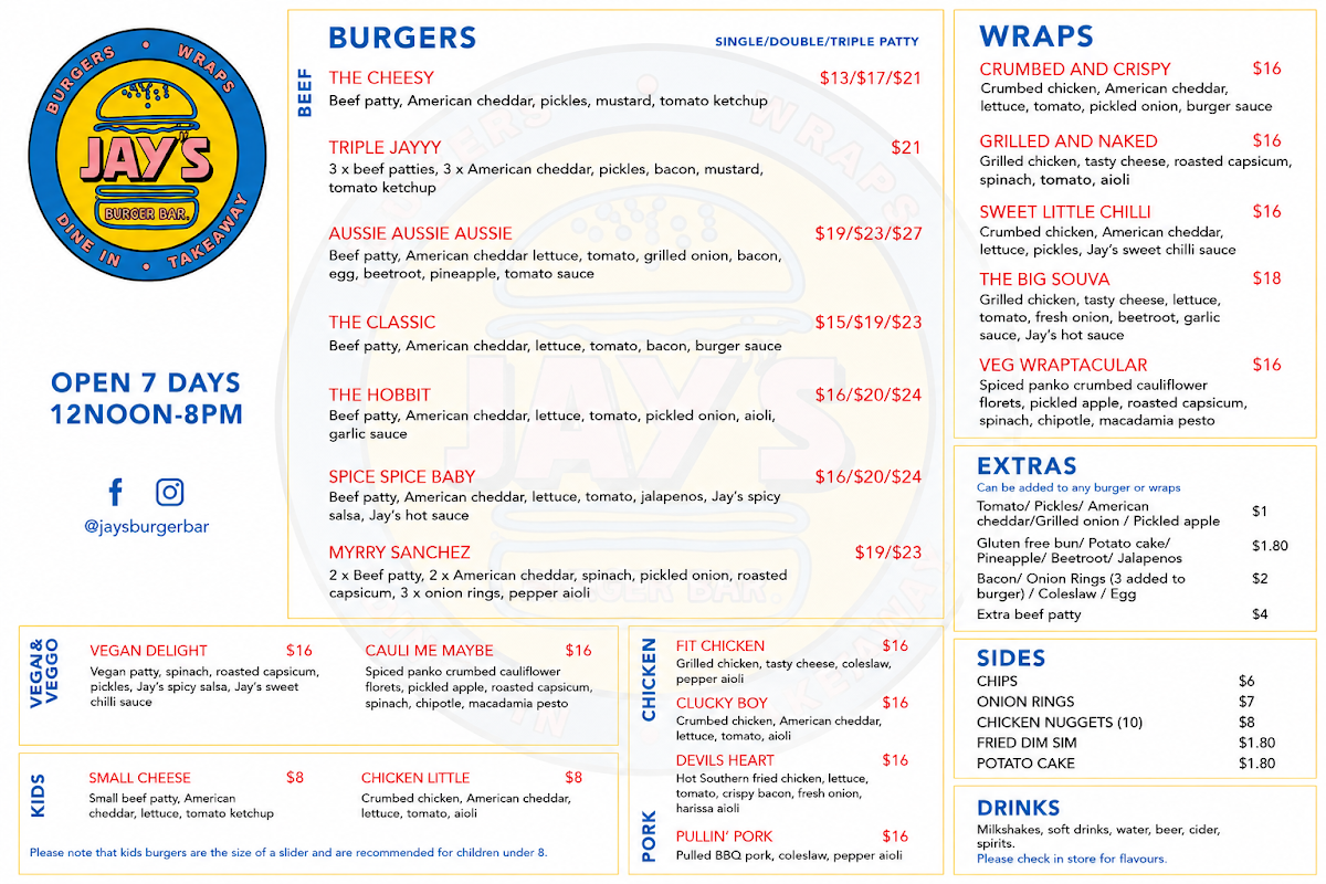 Menu, Jay's Burger Bar