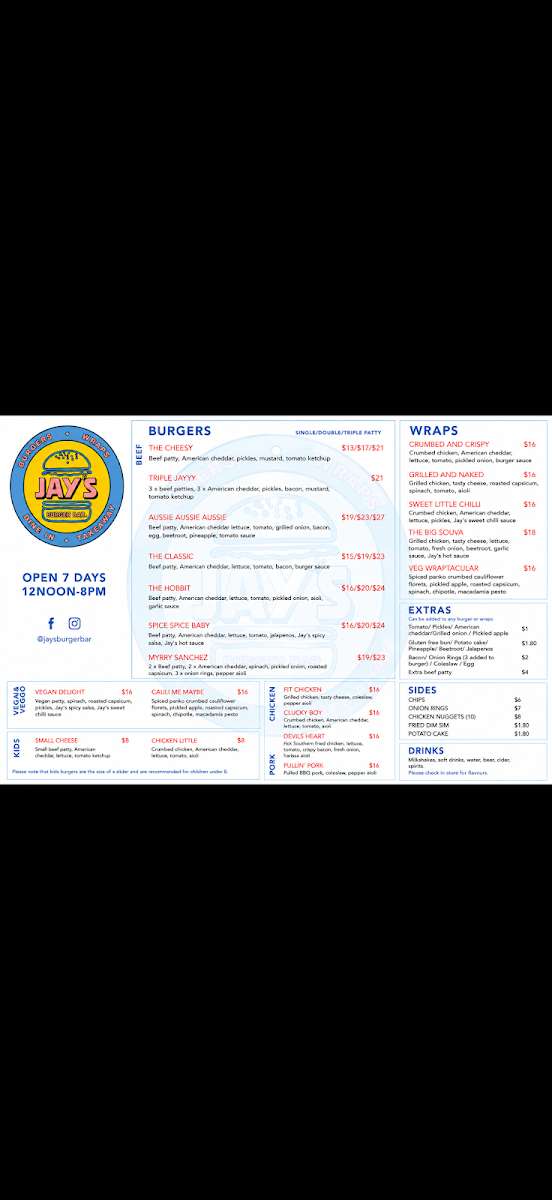 Menu, Jay's Burger Bar