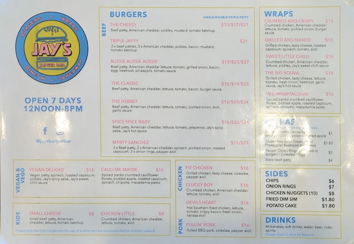 Menu, Jay's Burger Bar
