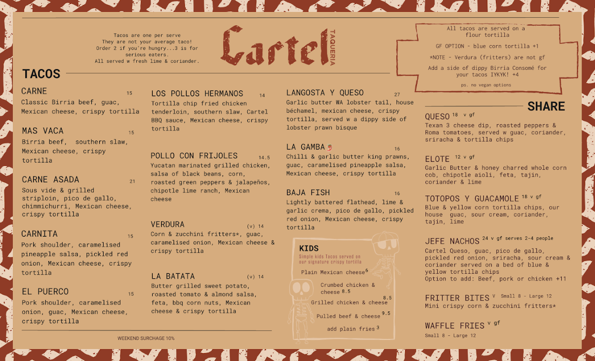 Menu, Cartel Taqueria - Qbn