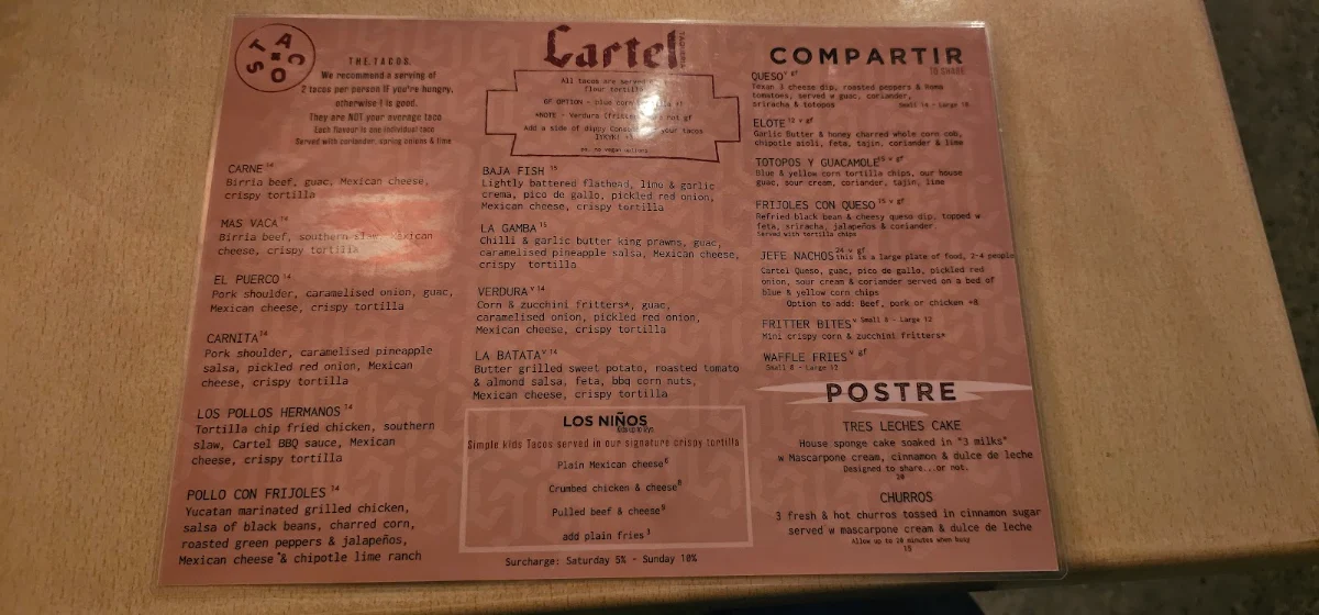 Menu, Cartel Taqueria - Qbn