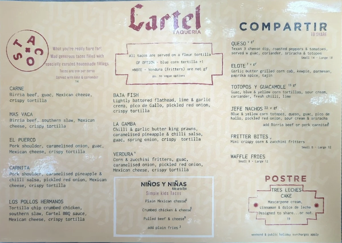 Menu, Cartel Taqueria - Qbn