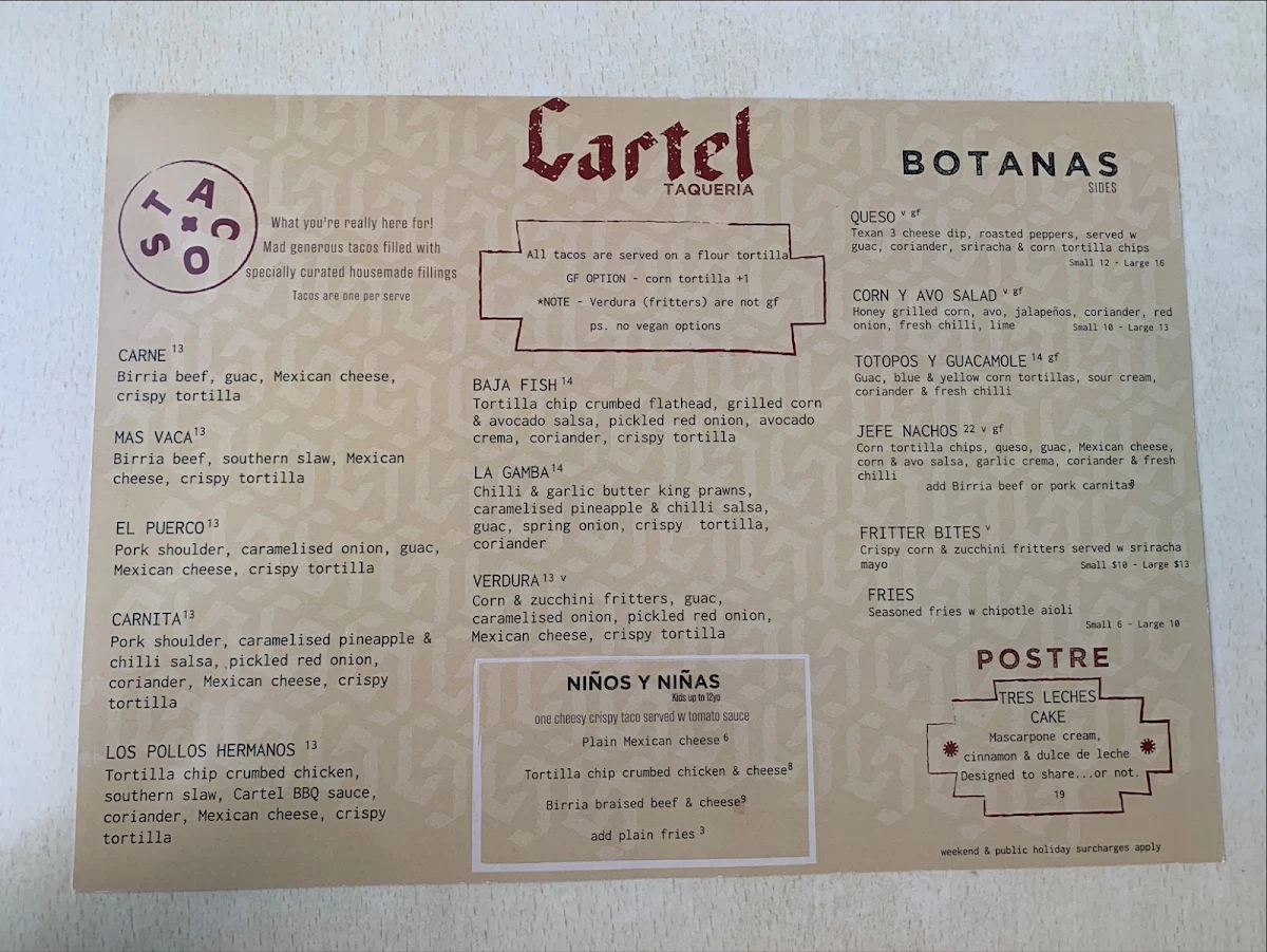 Menu, Cartel Taqueria - Qbn