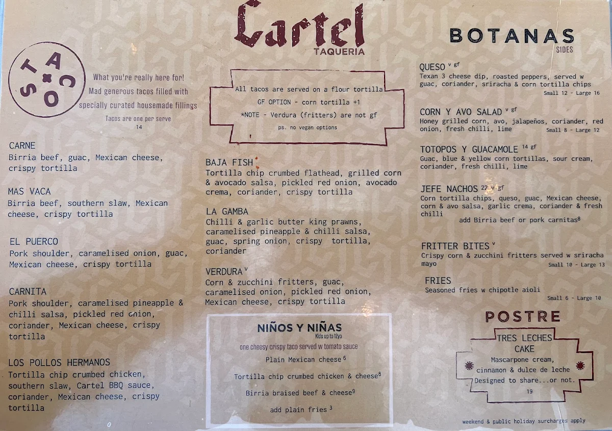 Menu, Cartel Taqueria - Qbn
