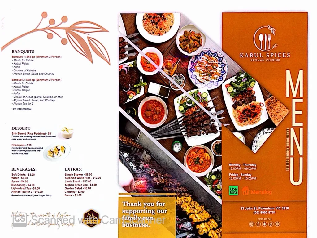 Menu, Kabul Spices