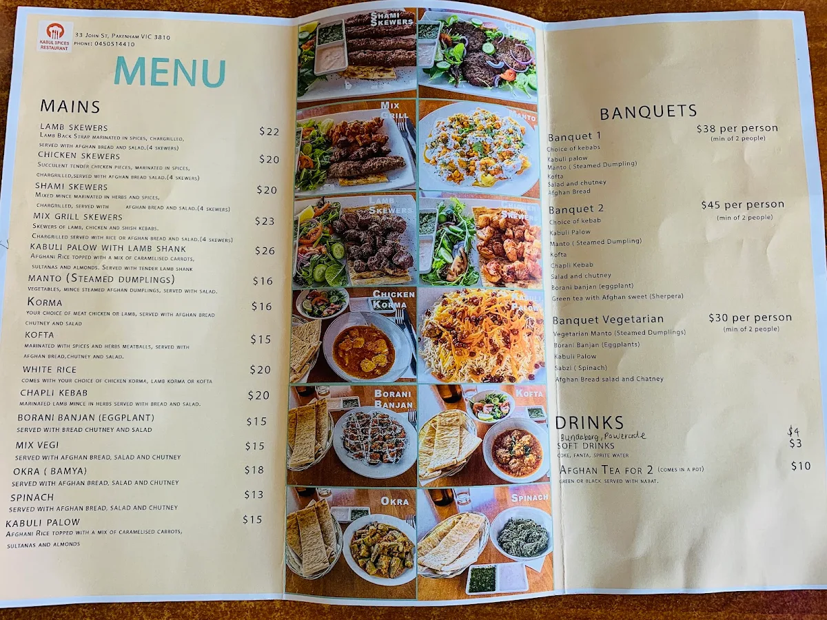 Menu, Kabul Spices