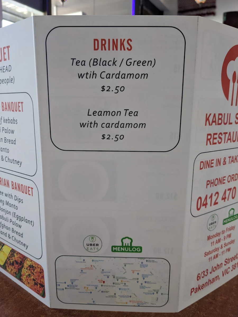 Menu, Kabul Spices