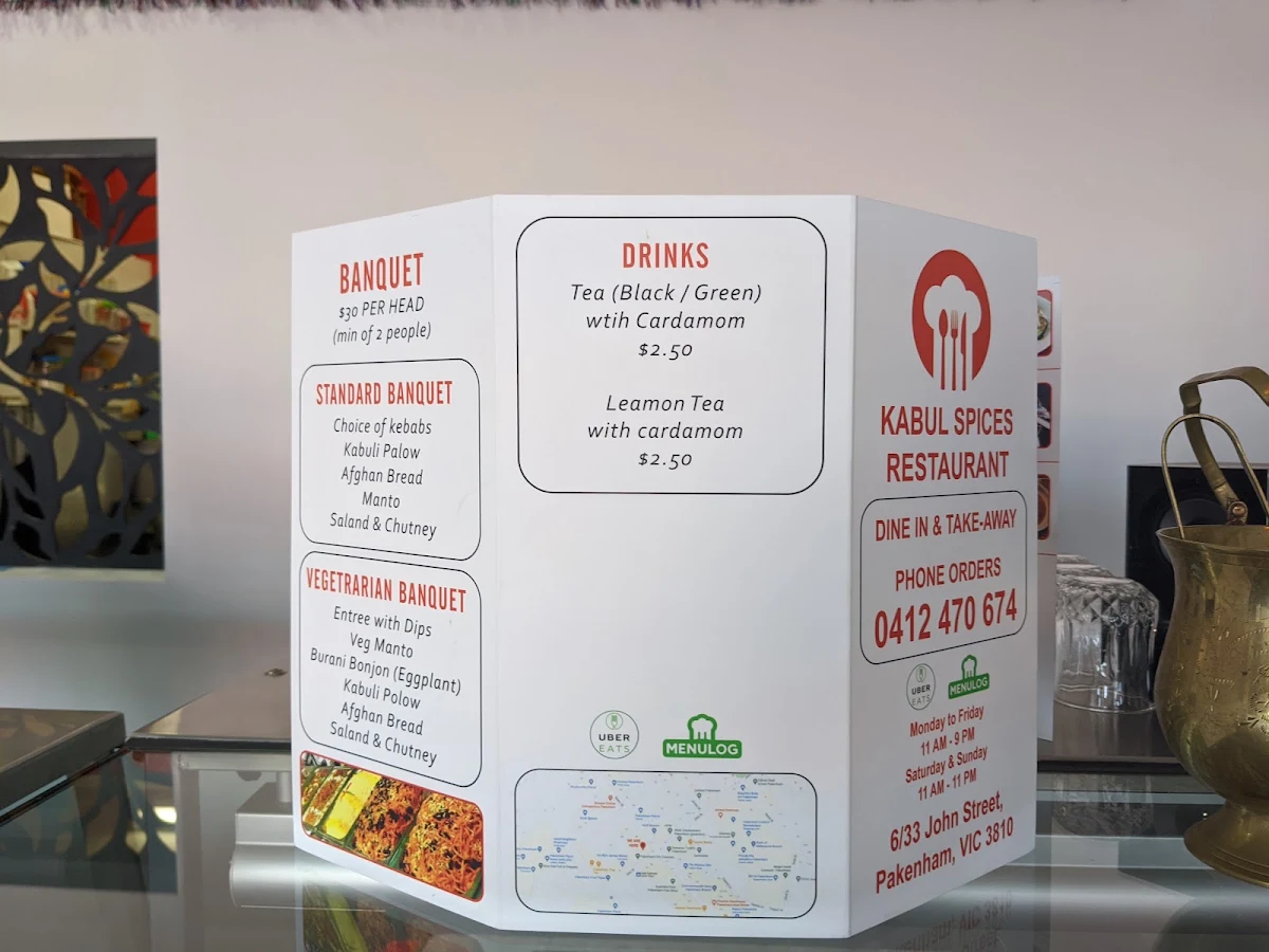 Menu, Kabul Spices