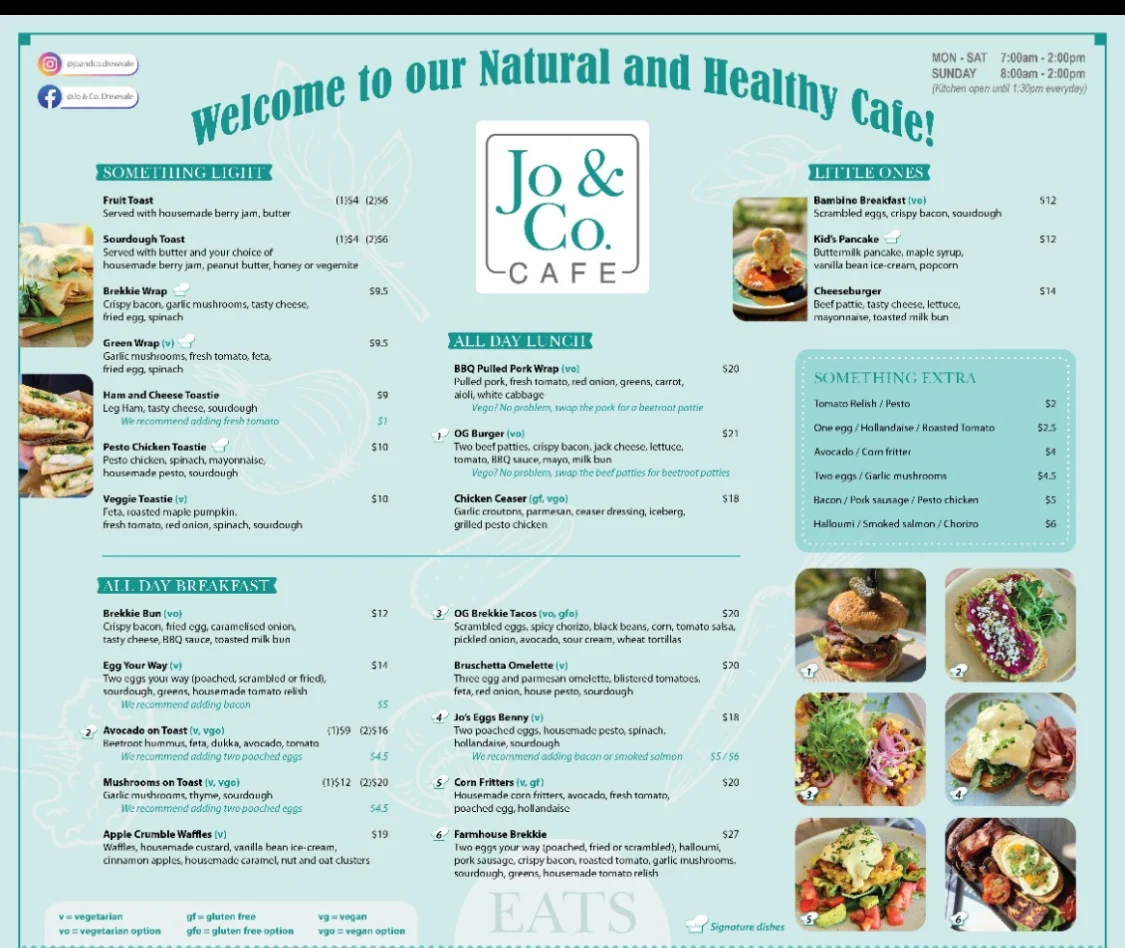 Menu, Jo & Co. Cafe