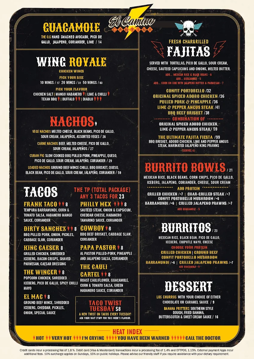 Menu, El Camino Cantina