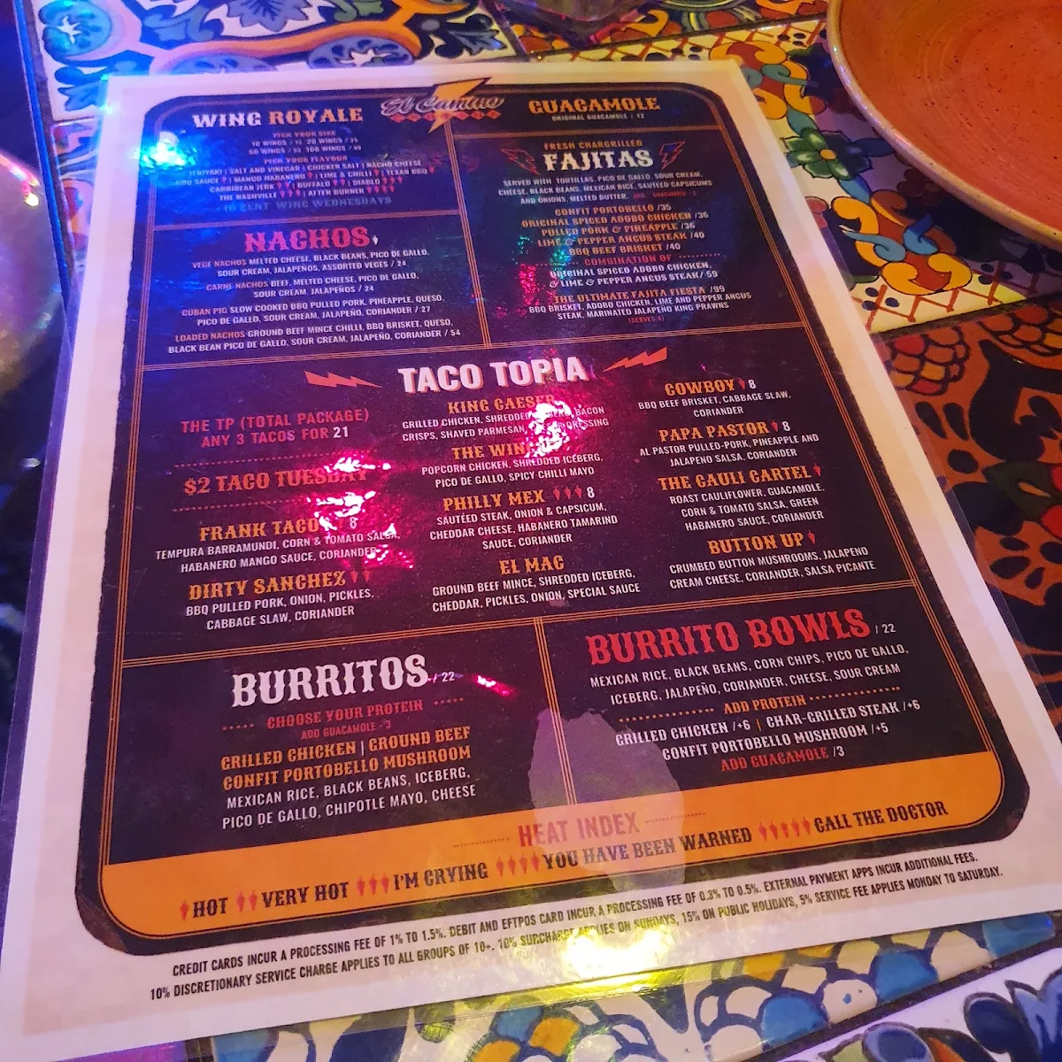 Menu, El Camino Cantina