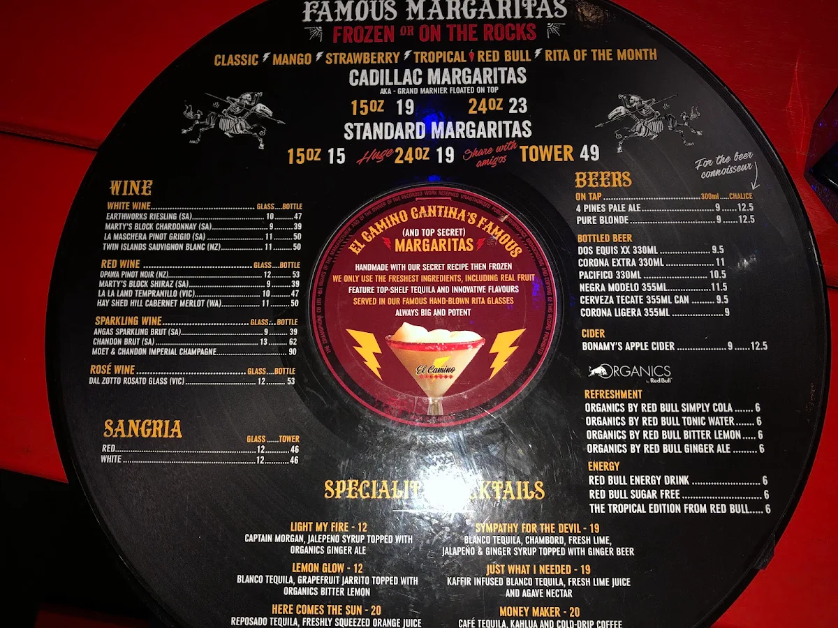 Menu, El Camino Cantina