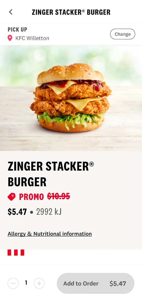Menu, KFC Willetton