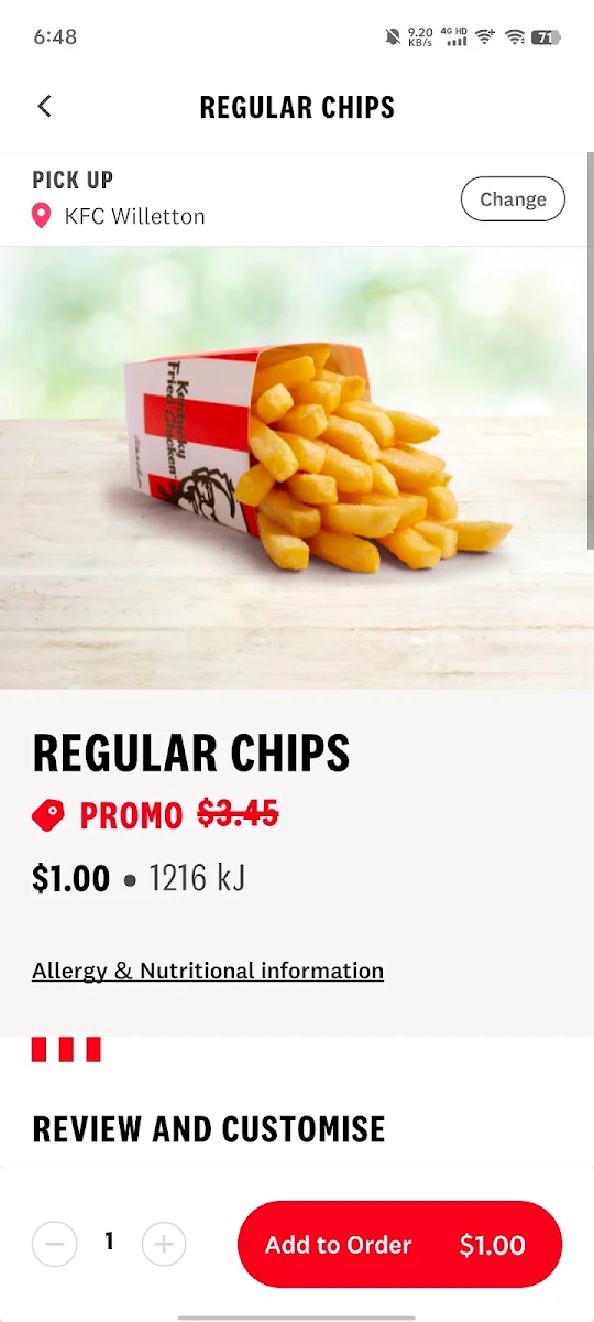 Menu, KFC Willetton