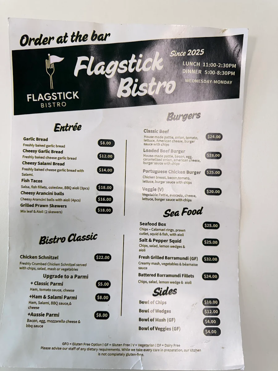 Menu, Flagstick Bistro Deniliquin