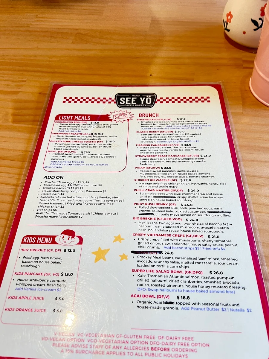 Menu, SeeYo Cafe & Bakery