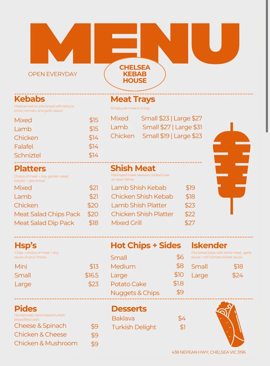 Menu, Chelsea Kebab House