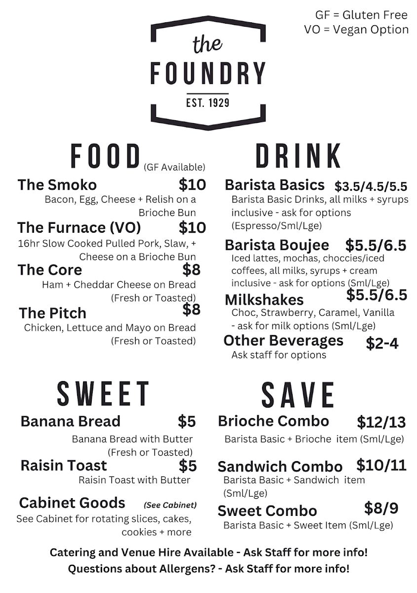 Menu, The Foundry Cafe