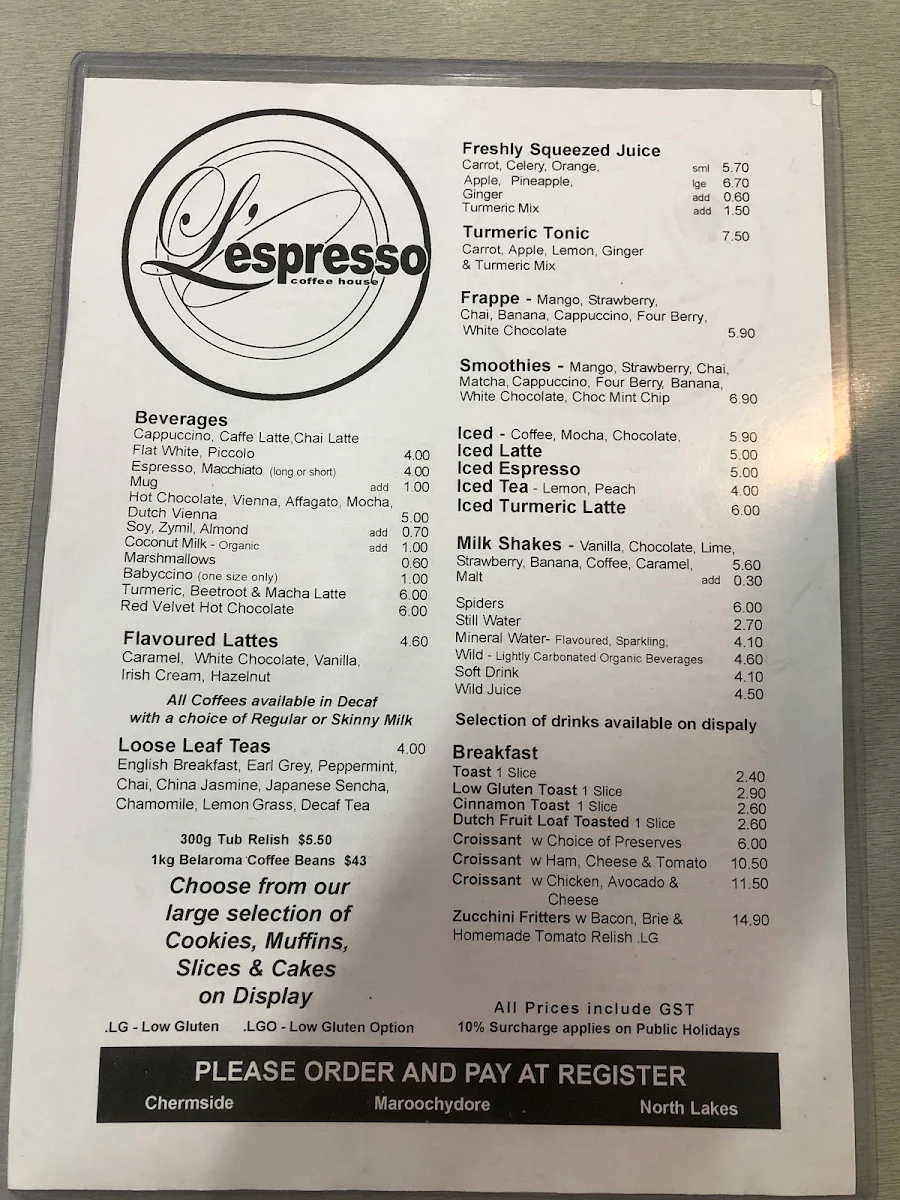 Menu, L'Espresso Coffee House