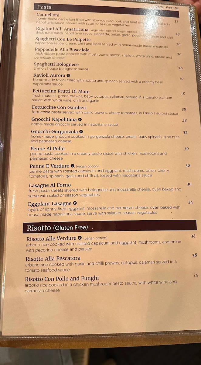 Menu, Emilio’s Ristorante The Junction