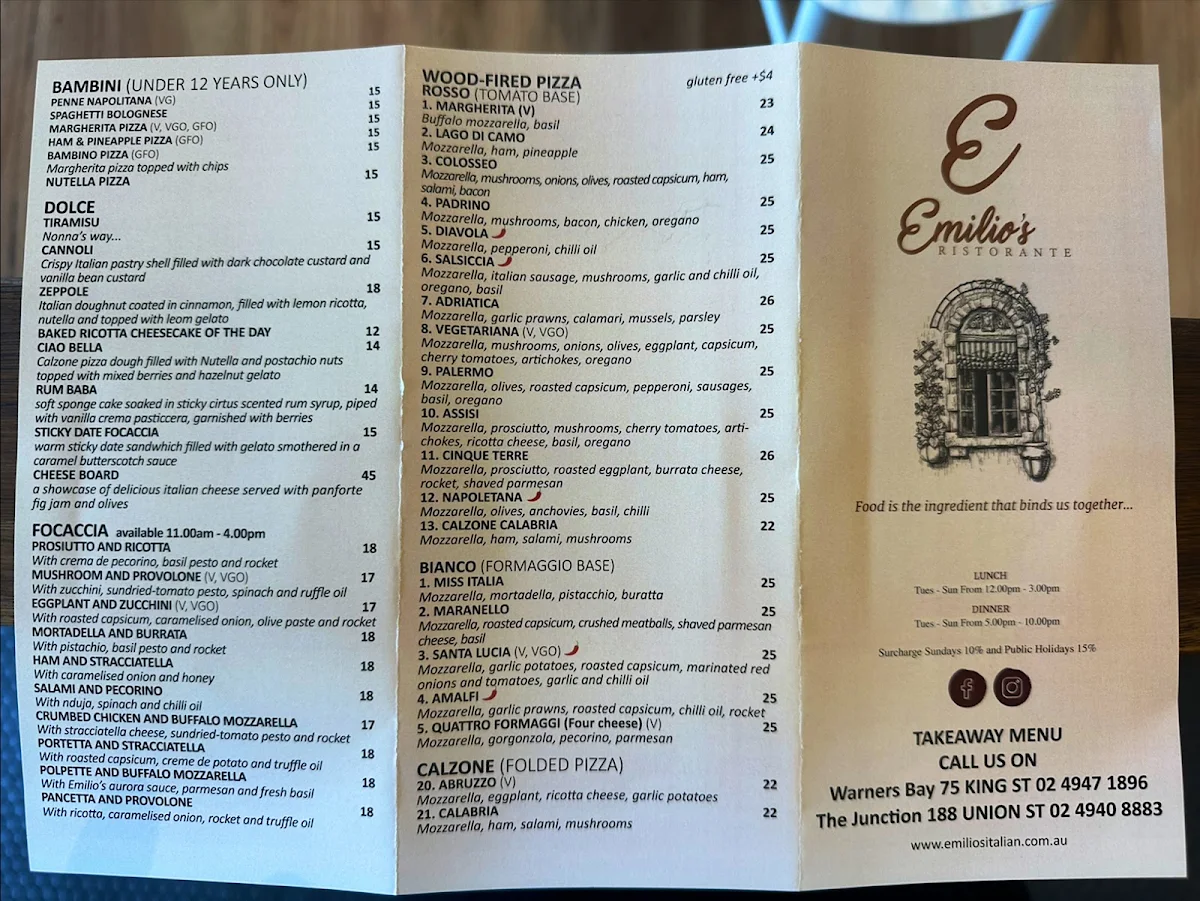 Menu, Emilio’s Ristorante The Junction