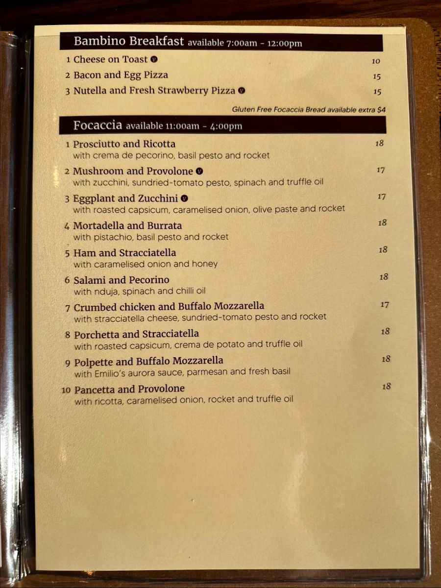 Menu, Emilio’s Ristorante The Junction