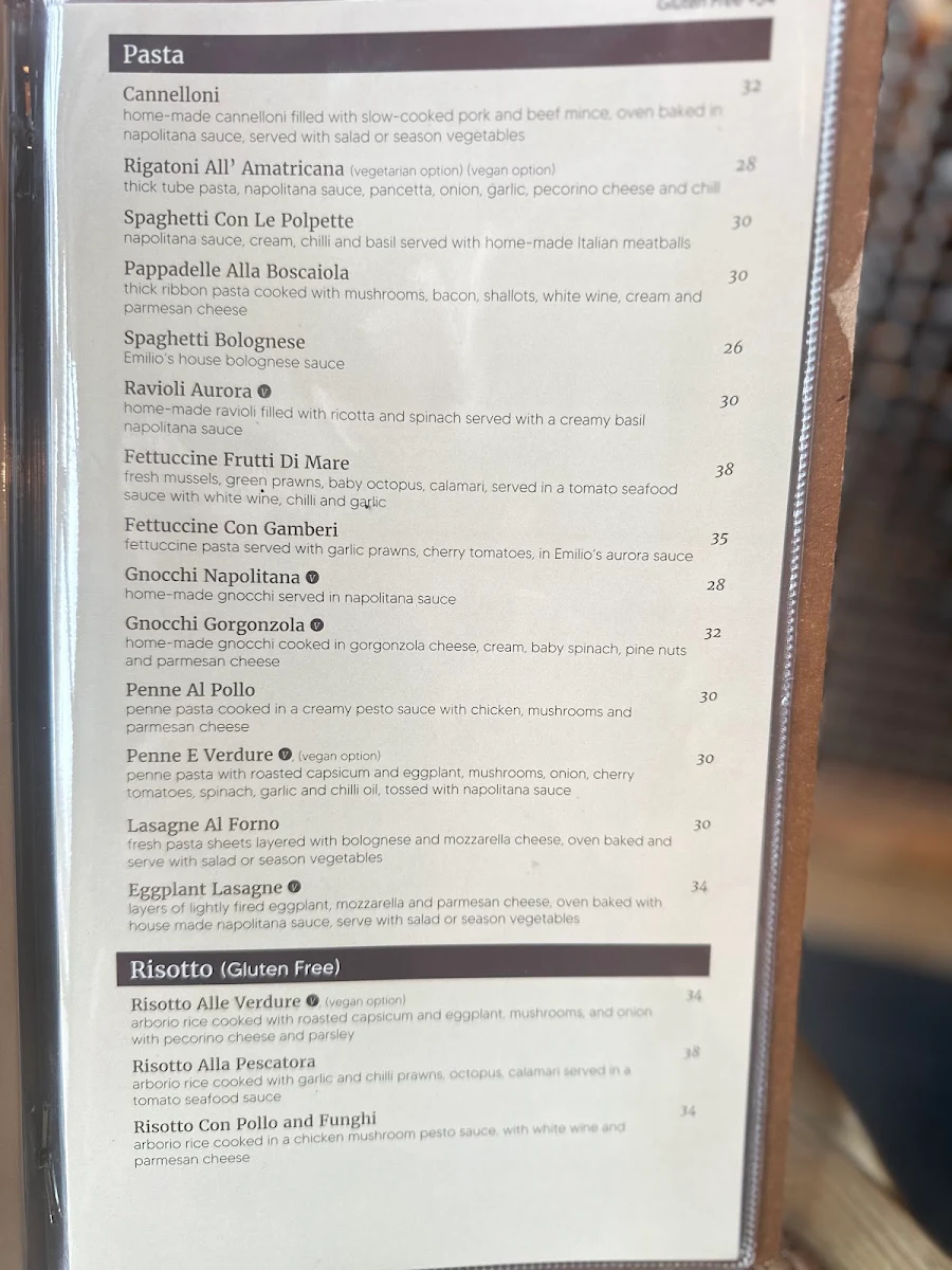 Menu, Emilio’s Ristorante The Junction