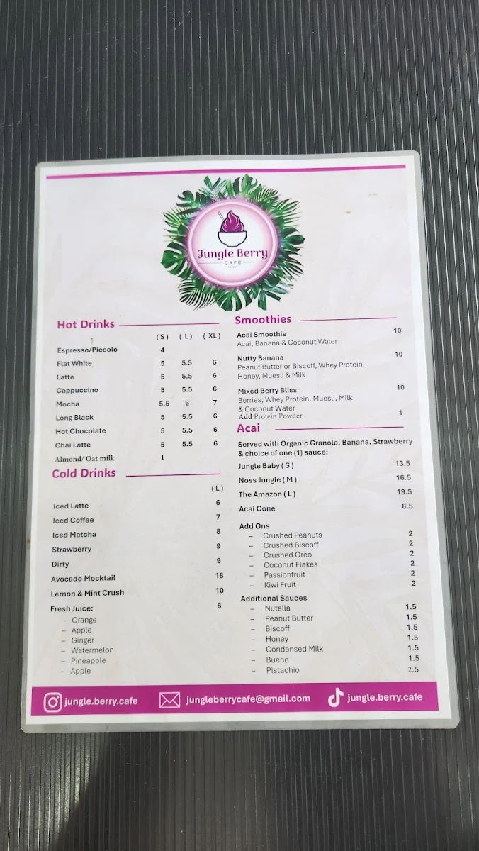 Menu, Jungle Berry Cafe