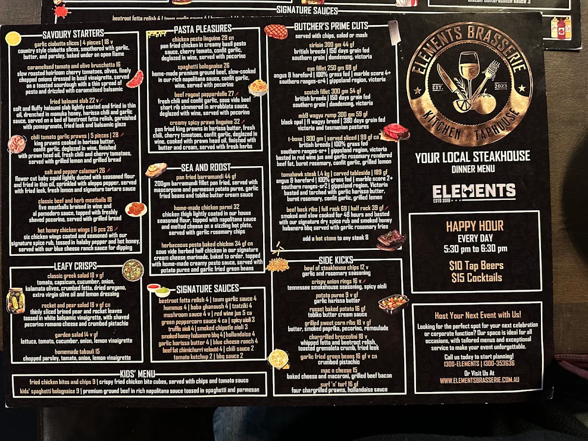 Menu, Elements Brasserie Belmore