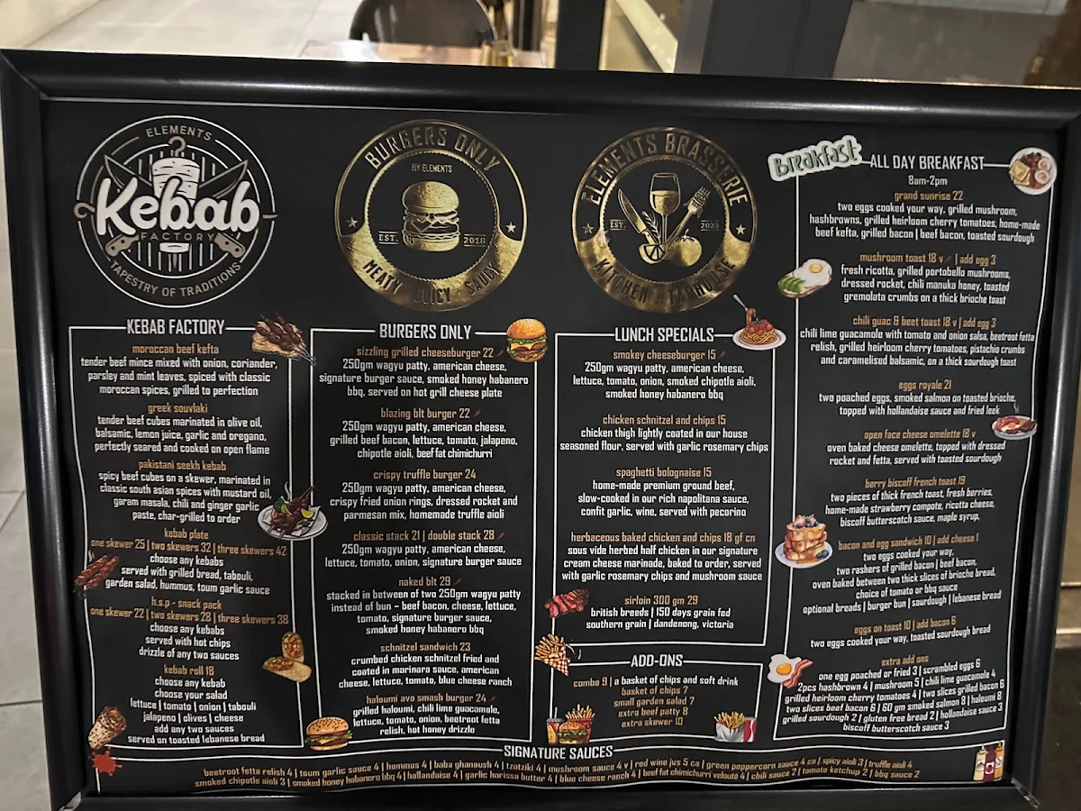 Menu, Elements Brasserie Belmore