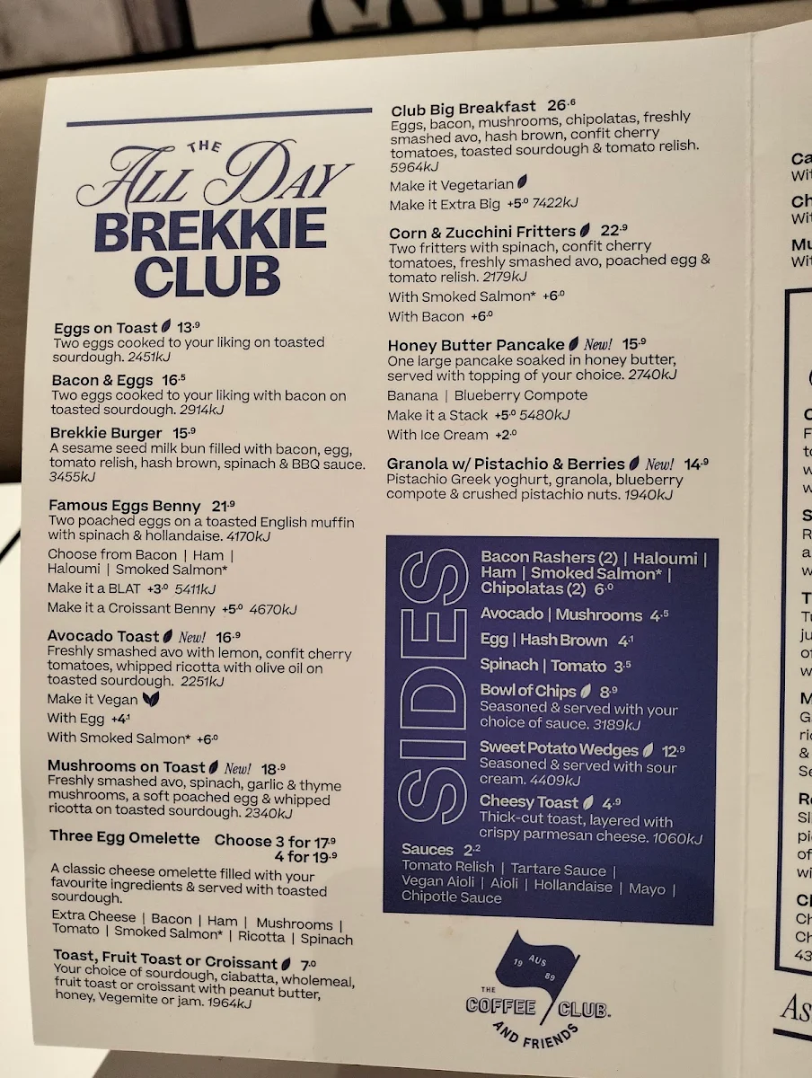 Menu, The Coffee Club Noranda