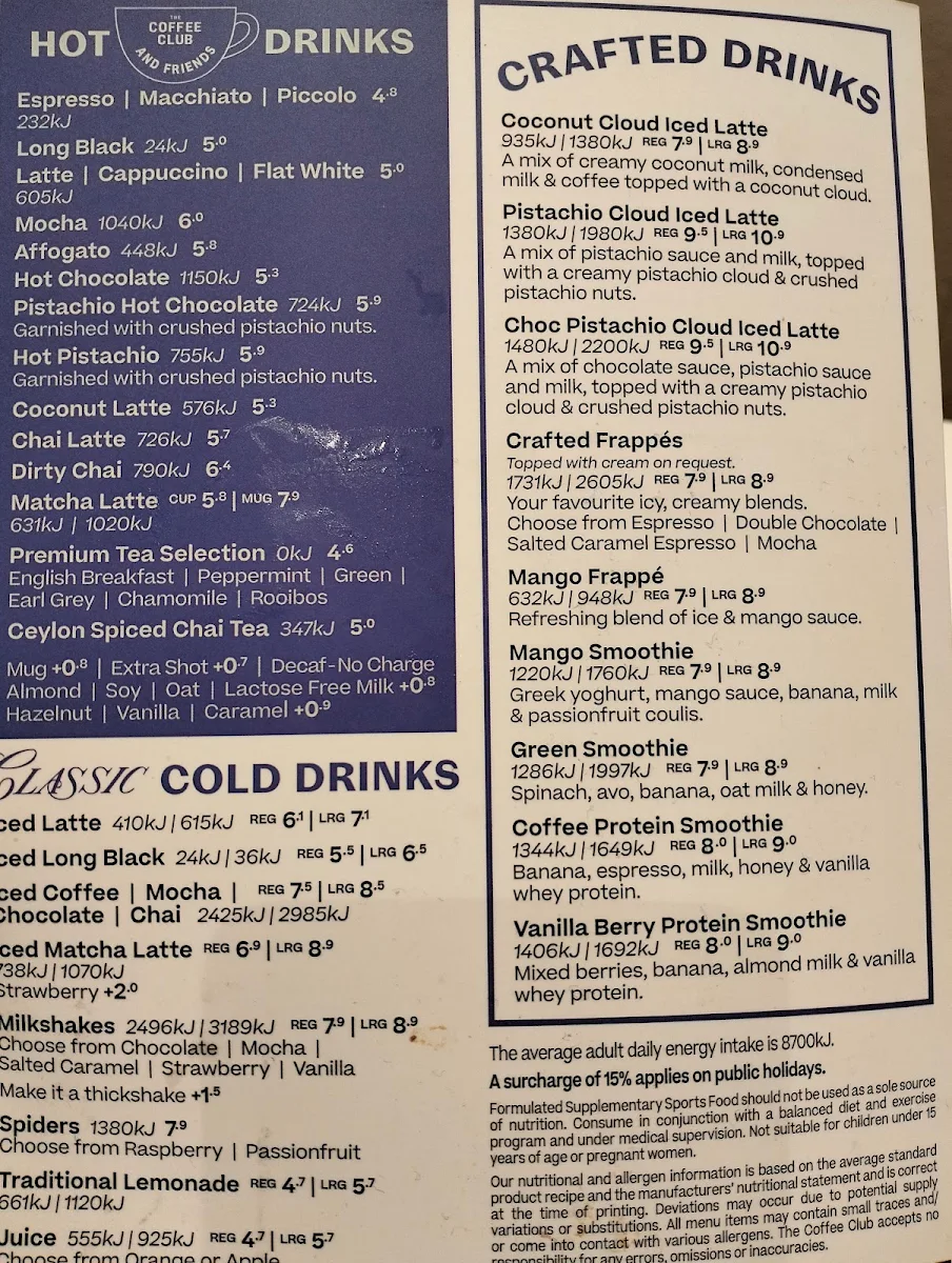 Menu, The Coffee Club Noranda