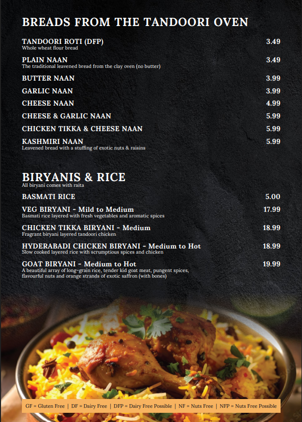 Menu, Cumin Club Richmond