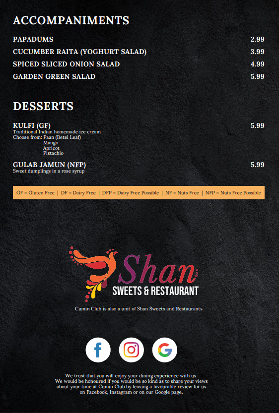Menu, Cumin Club Richmond