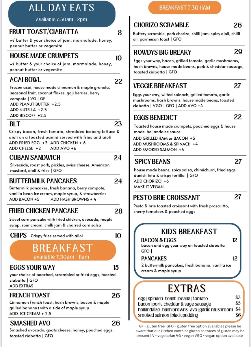 Menu, Rowdy’s Cafe Rockingham