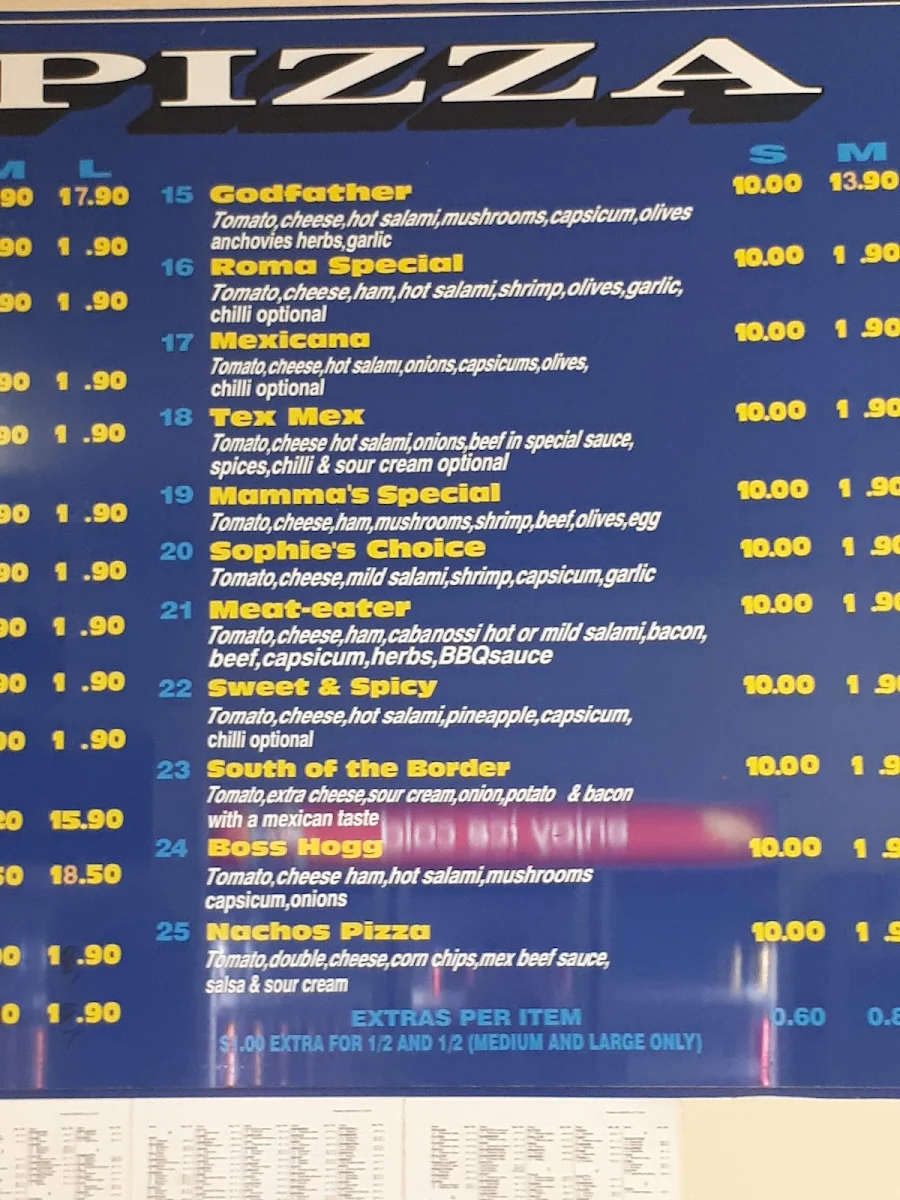 Menu, Pizza Villa