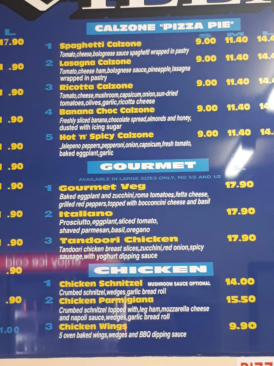 Menu, Pizza Villa