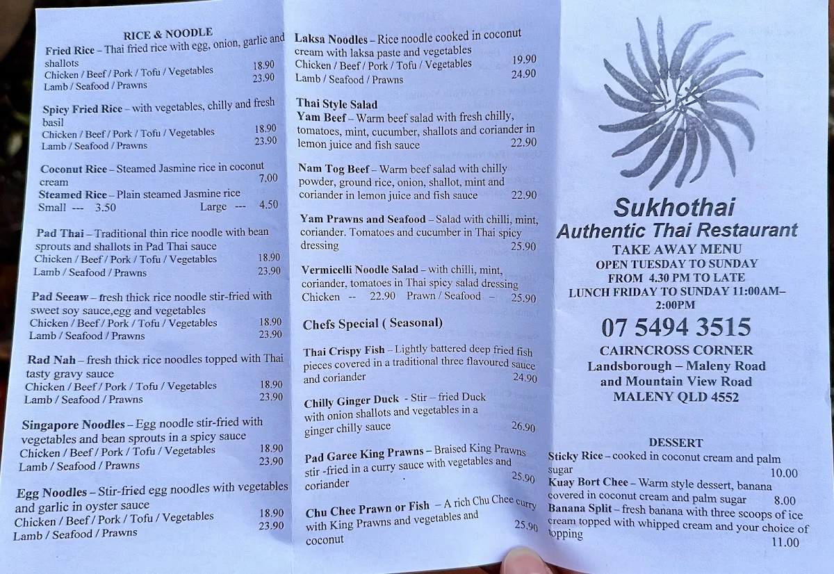 Menu, Sukhothai Maleny