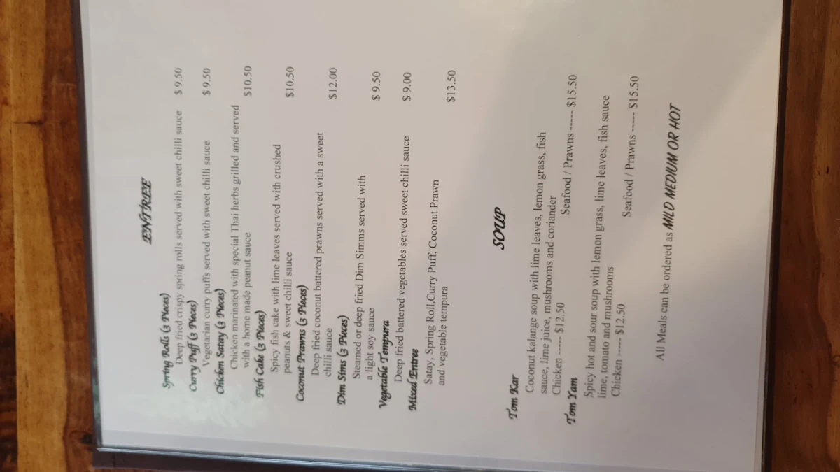 Menu, Sukhothai Maleny