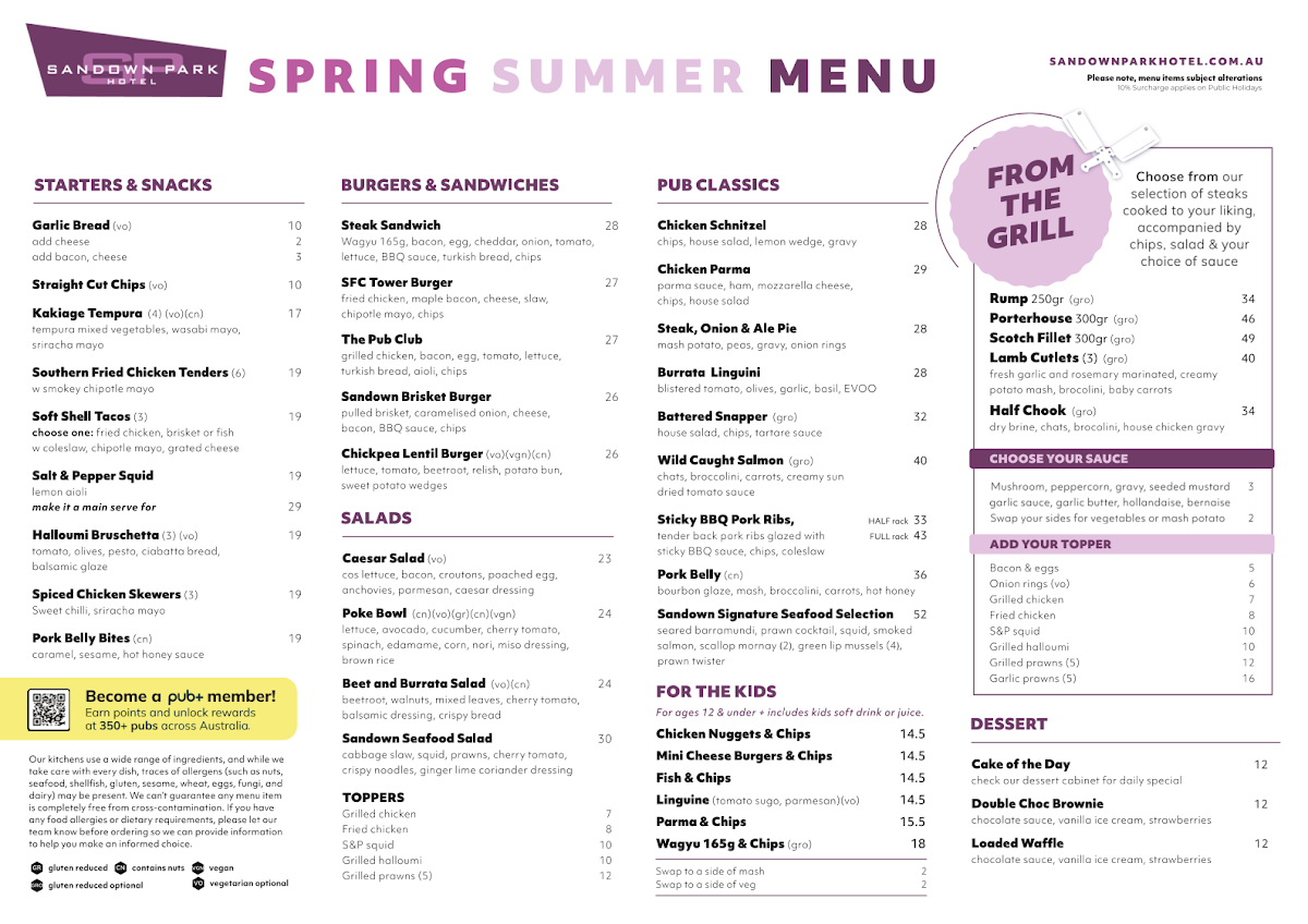 Menu, Sandown Park Hotel
