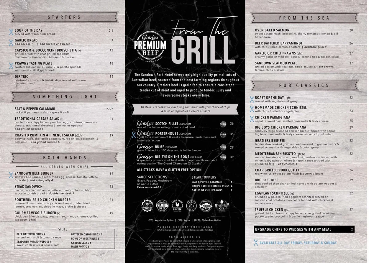 Menu, Sandown Park Hotel