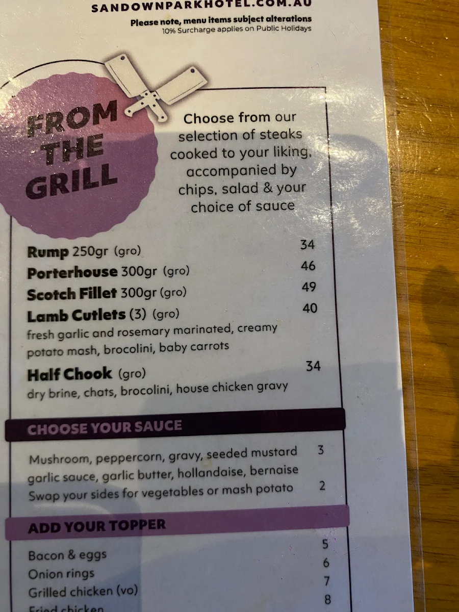 Menu, Sandown Park Hotel