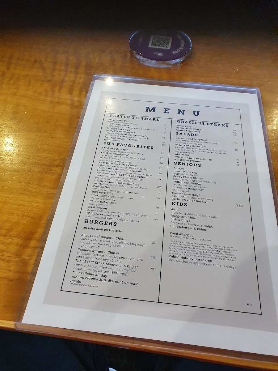 Menu, Sandown Park Hotel